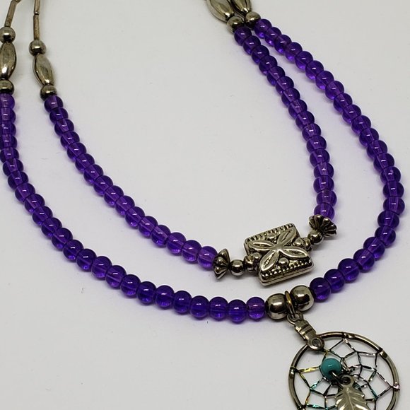Sterling Silver Purple Bead Two Layer Dream Catcher Necklace Southwest Style - Picture 10 of 11